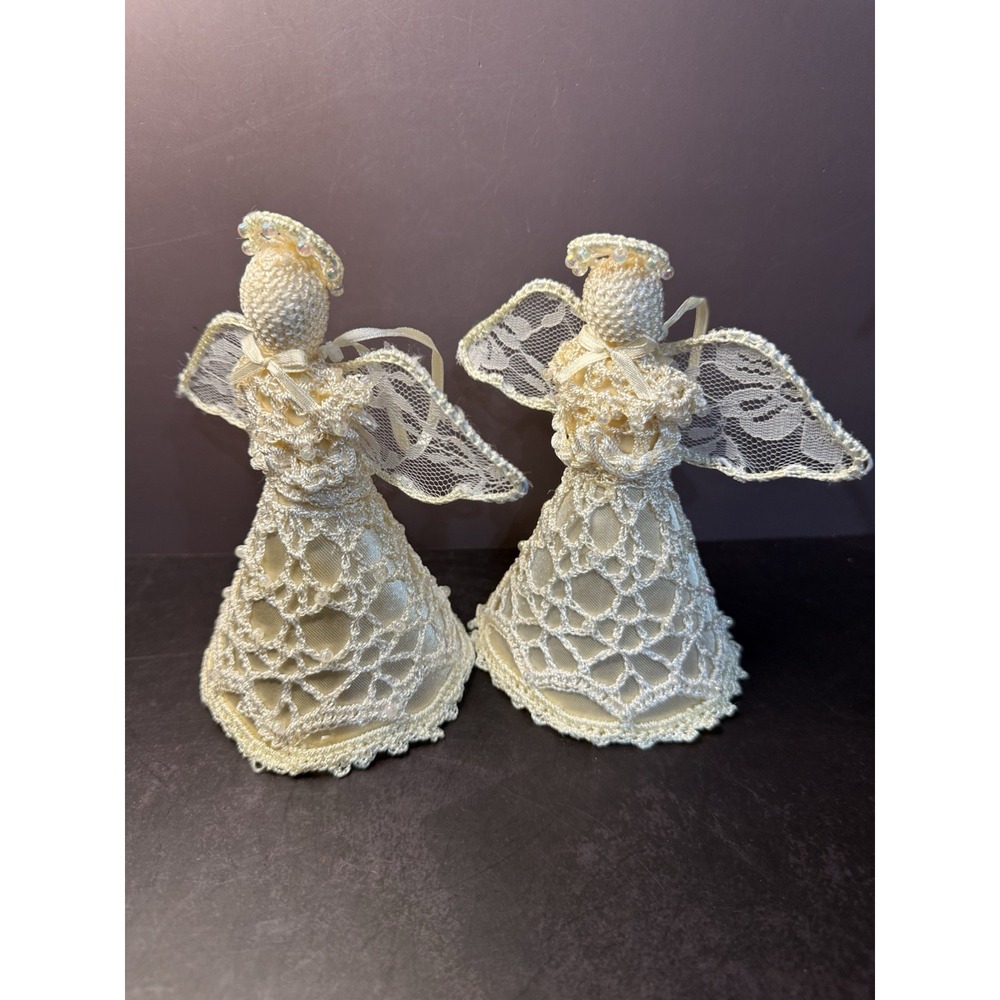 Vintage Handcrafted Crochet and Lace Angel Small Figures Set of 2